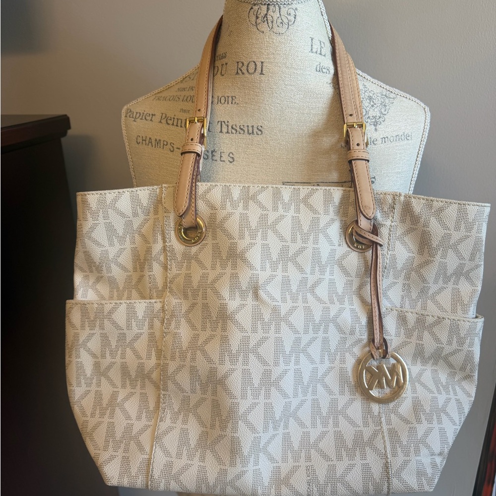 Michael Kors Cream/beige MK Logo Canvas Tote with Leather Straps
